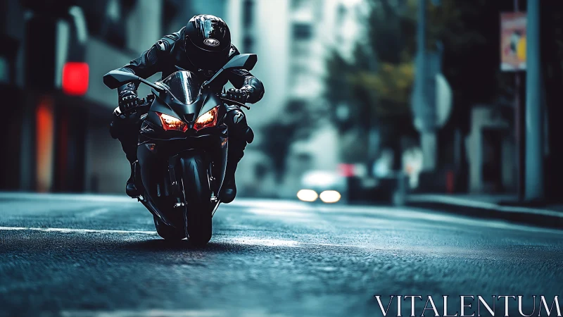 Sport motorcycle rider speeding through wet city street.
