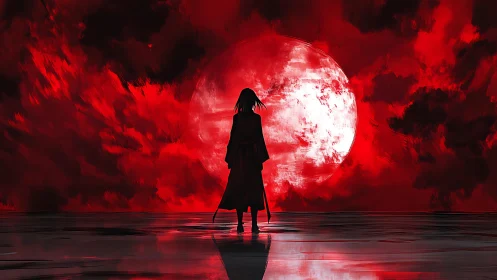 Silhouetted figure before large red moon over reflective water.