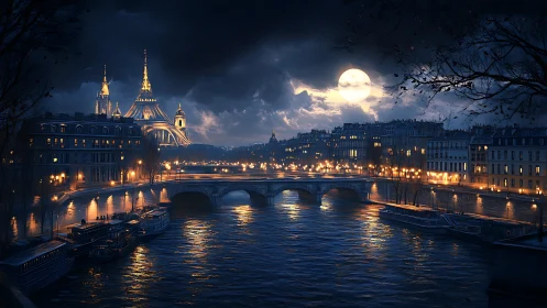 Moonlit riverside cityscape shows bridge, water and skyline