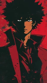 Brooding anime antihero in stark red noir palette.