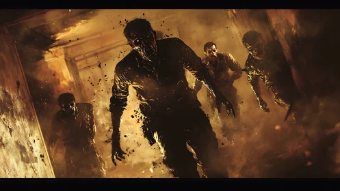 Terrifying zombies advance through a burning, smoke-filled corridor.