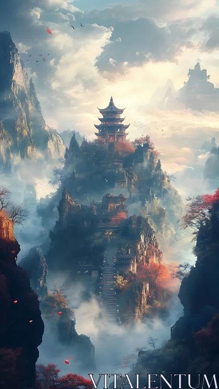 Vertical mountain temple ascends through mist with ethereal lighting