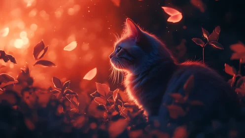 Cat Silhouette Against Fiery Autumn Garden Light