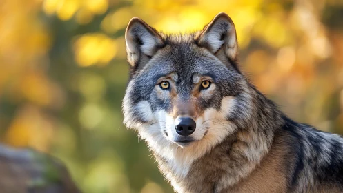 Amber-eyed forest wolf pauses in a hush of autumn gold