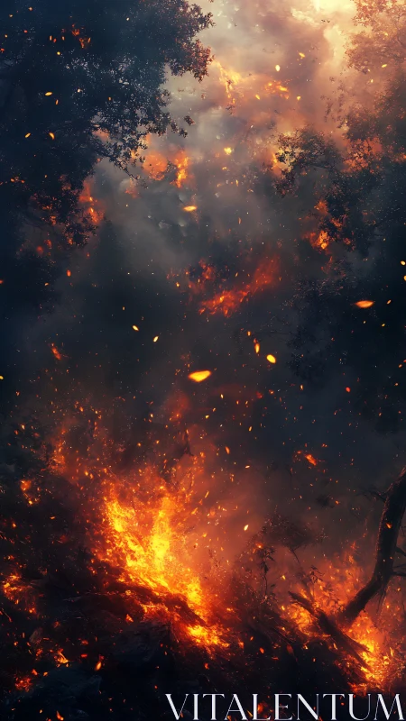 Inferno Engulfing Forest Landscape with Dynamic Flame Particles.