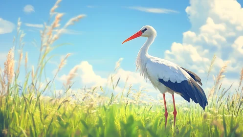 White stork stands in sunlit meadow under bright sky.