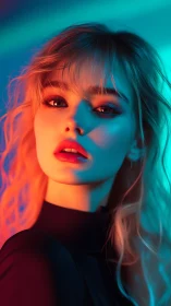 Portrait shows stylized female subject in dual-color lighting