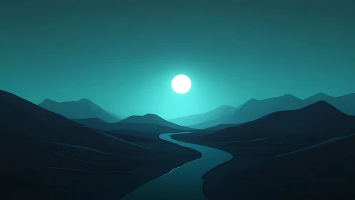 Luminous moonrise calms a stylized river valley at night