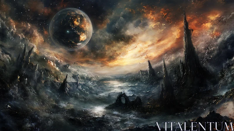 Destroyed alien landscape lies beneath burning fractured planet