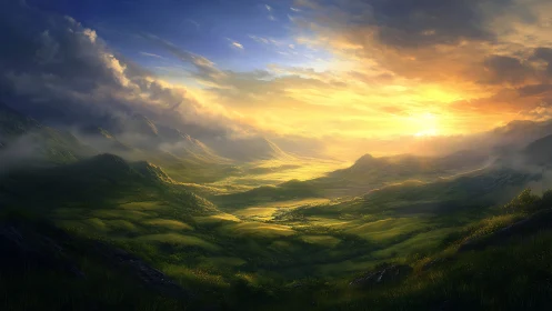 Sunlit valley panorama under dramatic stormlit skies.