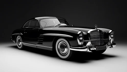 Glossy black vintage coupe gleams under dramatic studio light.