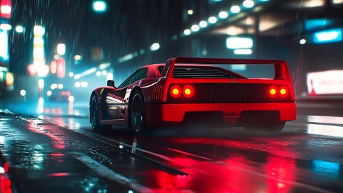 Red sports coupe on wet neon city street at night in rain.