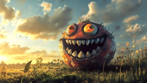 Grinning monster pumpkin orb gleams under a golden sunset