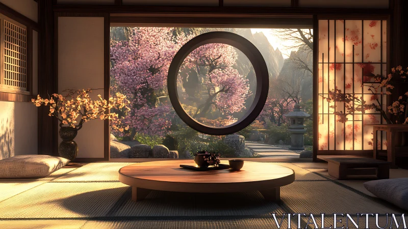 Zen tatami room opens onto serene cherry blossom garden.