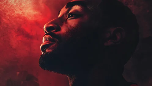 Profile portrait under dramatic red cinematic lighting.