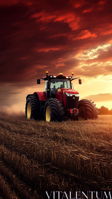 Crimson tractor powering across stubble field at dusk.