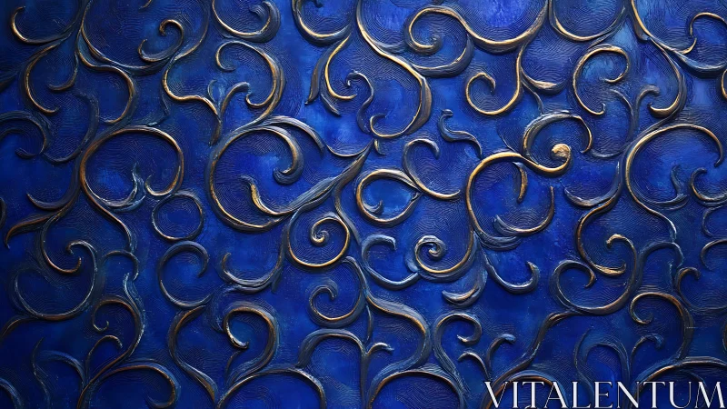 Curved gold filigree swirling across textured cobalt canvas.