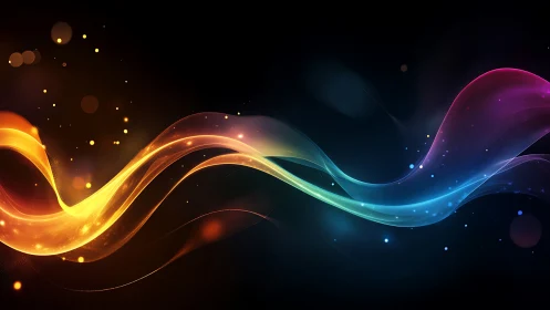 Chromatic light ribbons curve across a deep black ground