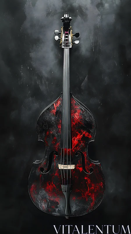 Fiery red cello stands against a dark smoke textured backdrop