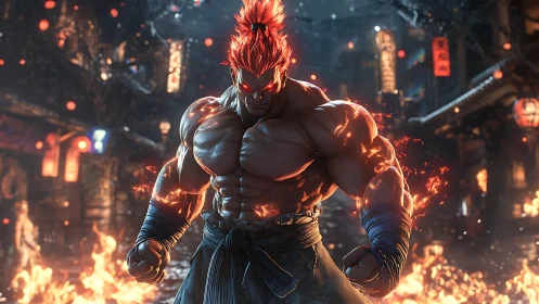Muscular fiery warrior in burning street environment.