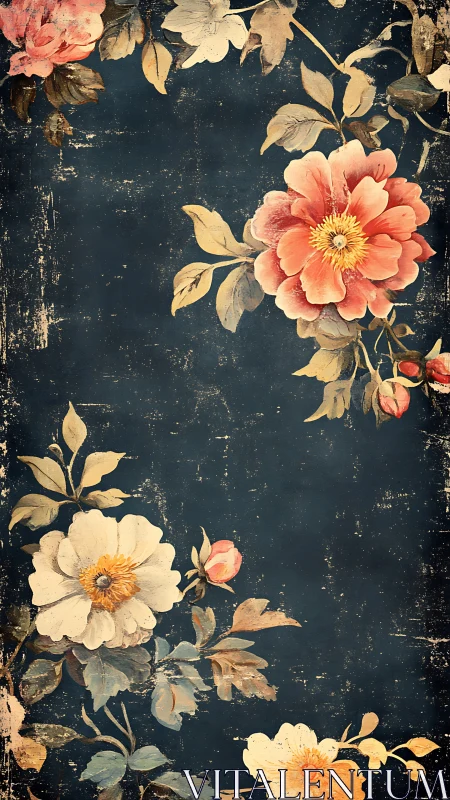 Vintage floral blossoms rest softly on distressed navy