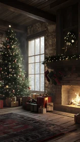 Decorated Christmas tree and fireplace in rustic interior.