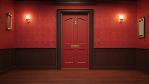 Red paneled interior door centered in symmetrical corridor