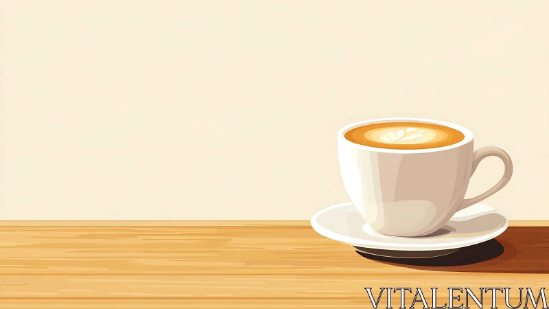 Minimalist cup of latte coffee on wooden tabletop.