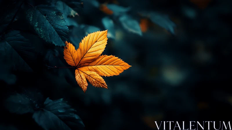 Single orange leaf against dark blue foliage background.
