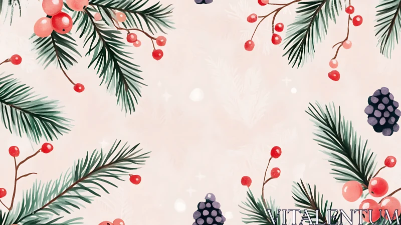 Winter botanical pattern arranges evergreen sprigs and berries