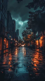 Moody city street glows against storm-darkened evening sky.