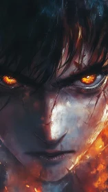 Intense close-up portrait shows fiery eyes and scorched face