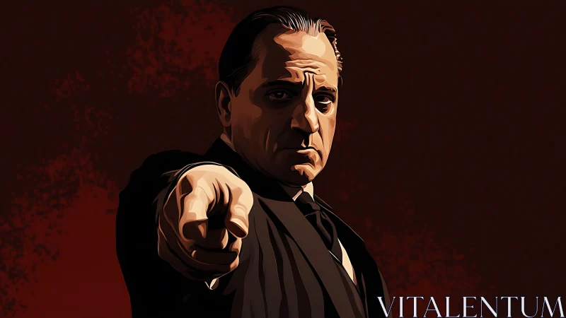 Commanding suited figure points forward with intense focus