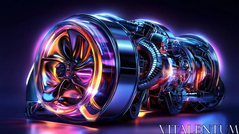 Futuristic Jet Engine Render with Neon Lighting and Metallic Finish.
