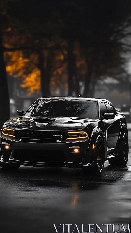 Black performance sedan on wet street at dusk in autumn.