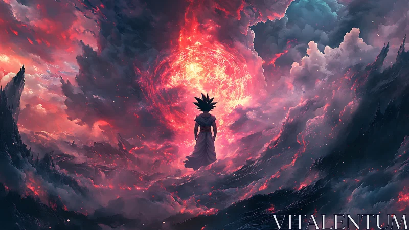 Figure before fiery celestial vortex in stormy clouds.