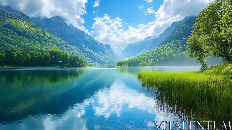 Serene alpine lake mirrored by lush mountains and sky.
