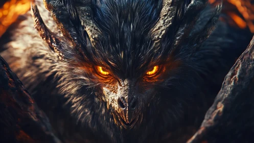 Demonic avian close-up in molten-lit fantasy rendering.