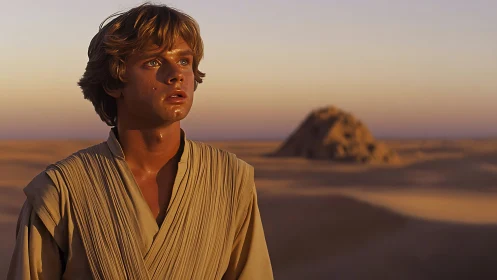 Young person in desert landscape stands under low warm light