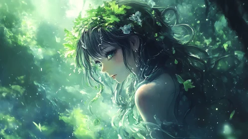 Side profile of forest-themed female figure in green light