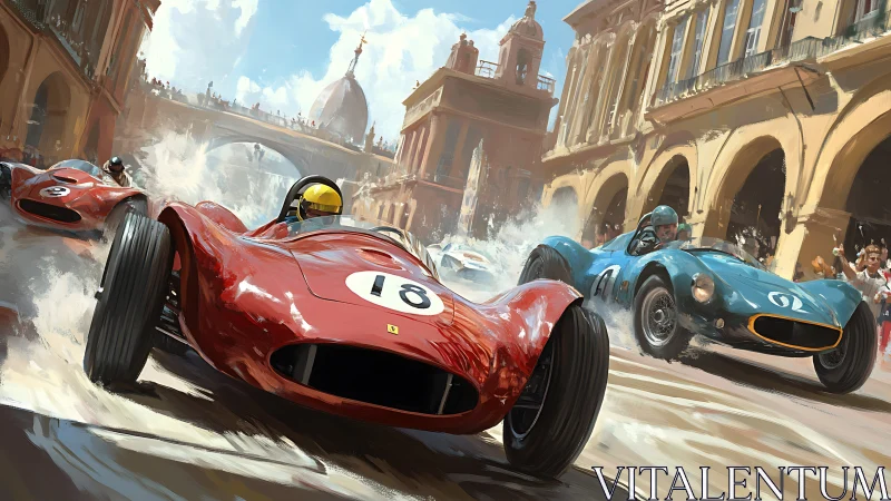 Vintage racers slingshot through a sunlit Italian streetscape