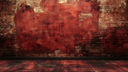 Red distressed brick wall and floor in empty interior space.