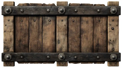 Rectangular wooden plank panel with dark metal bracing.