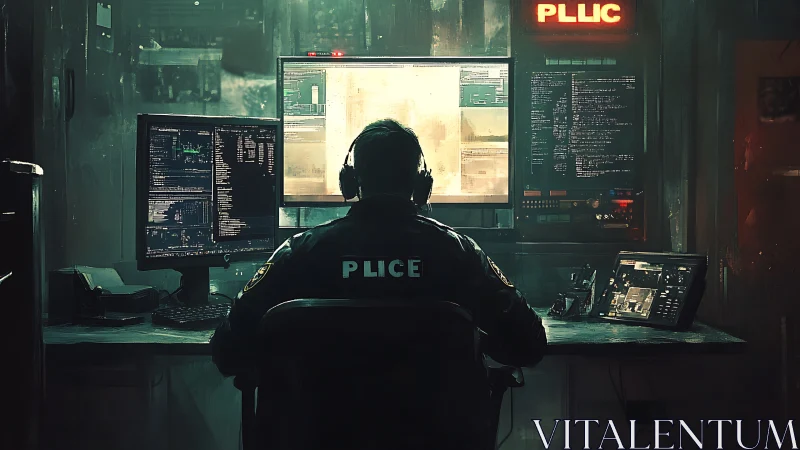 Police officer at multi-screen cyber operations workstation.