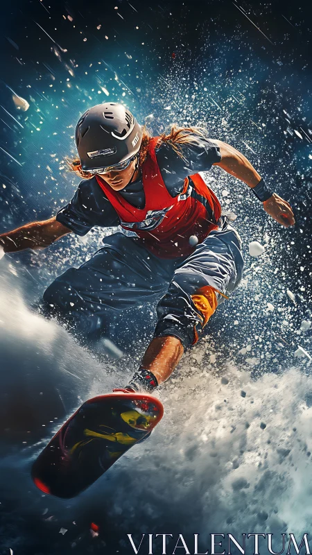 Adrenaline-driven snowboarder carves through explosive snow spray