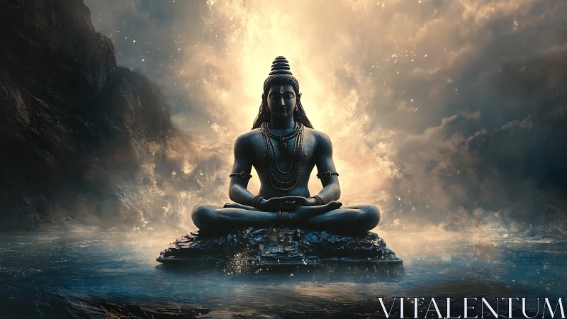 Luminescent meditative deity amid aqueous vapor dynamics.