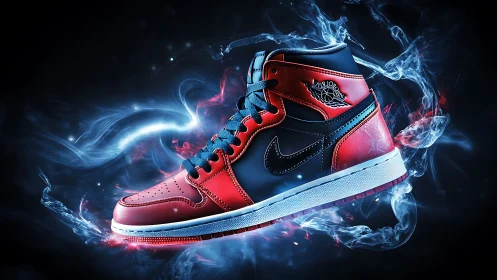 Red and black basketball sneaker with glowing smoke effect.