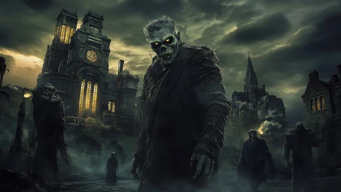 Undead horde stalking a ruined gothic cathedral at night.