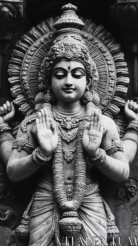 Stone divinity radiates calm grace in monochrome splendor.