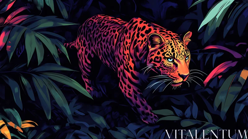 Neon Leopard in Tropical Foliage Setting.
